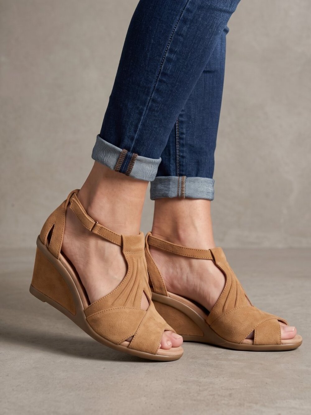 Earth Curvet Suede Peep Toe Wedge Sandals Biscuit Tan Ankle Strap 7